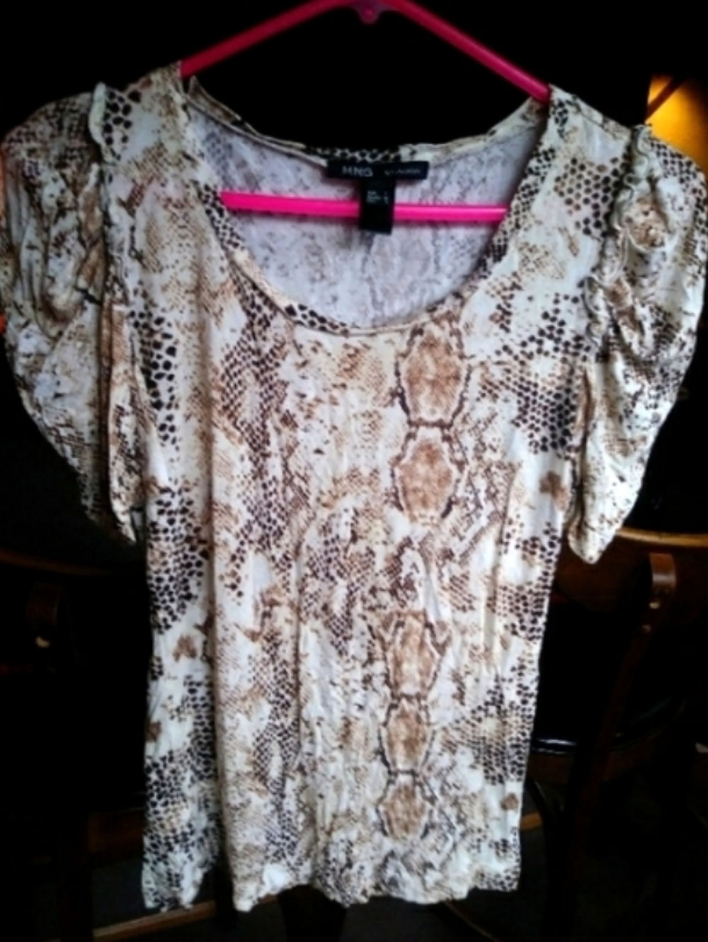 Mango Beige and Brown Snake-Print Scoop Neck Short Sleeve Top